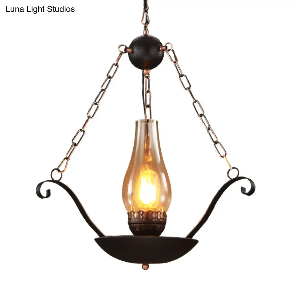 Pendulum Lamp: Cup Shape Restaurant Warehouse Clear Glass Suspension Lighting Fixture - Sleek Black Chain Design, 1-Bulb