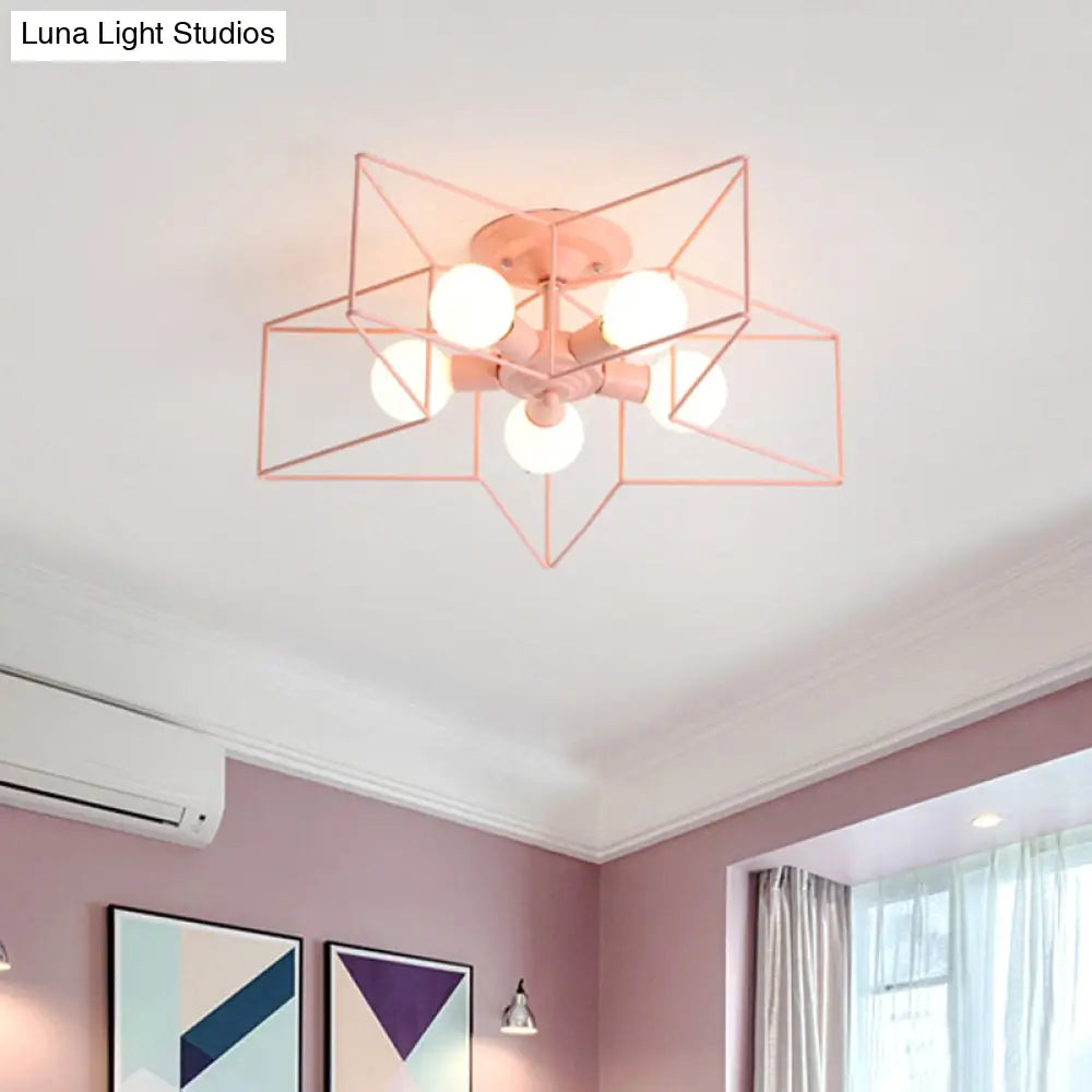 DecorBites™ DecorBites™ Pentacle Frame Iron Flush Mount Light - 5-Bulb Semi Flush Ceiling Light for Kids' Room (Pink/Grey/Blue)