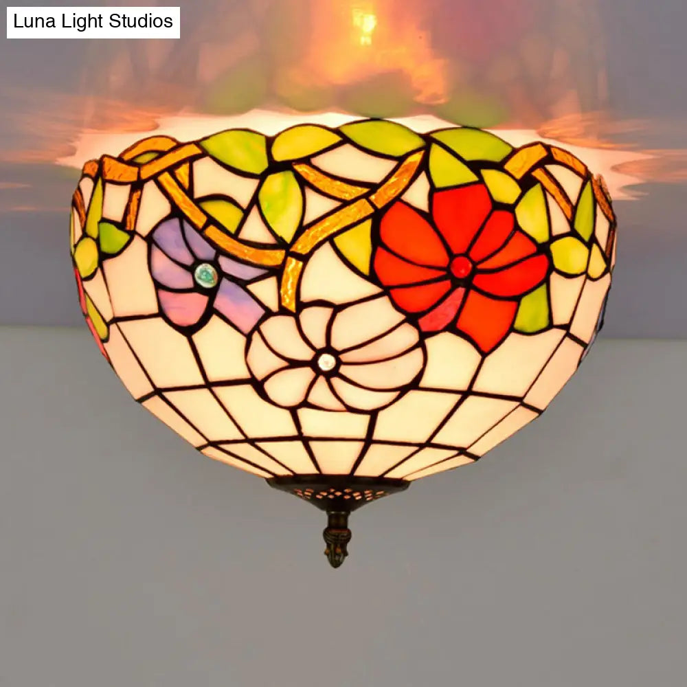 DecorBites™ DecorBites™ Peony Ceiling Light - Tiffany Bronze Stained Glass Flush Mount Fixture for Bedroom