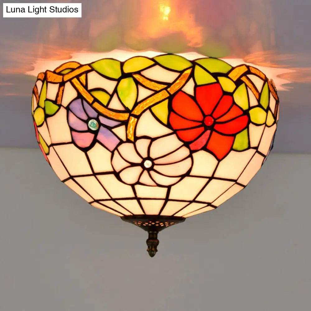 DecorBites™ DecorBites™ Peony Ceiling Light - Tiffany Bronze Stained Glass Flush Mount Fixture for Bedroom