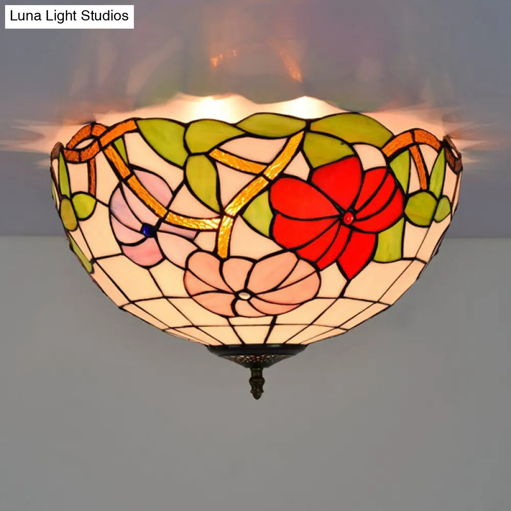 DecorBites™ DecorBites™ Peony Ceiling Light - Tiffany Bronze Stained Glass Flush Mount Fixture for Bedroom