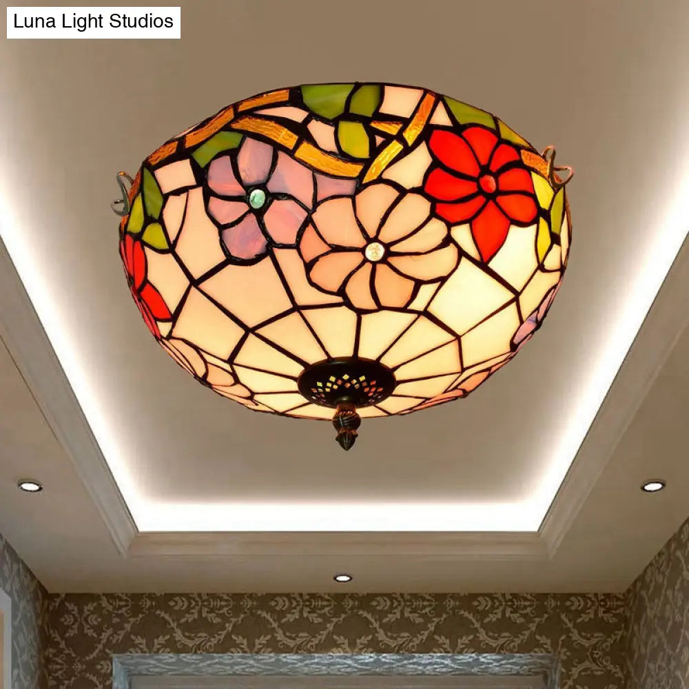 DecorBites™ DecorBites™ Peony Ceiling Light - Tiffany Bronze Stained Glass Flush Mount Fixture for Bedroom