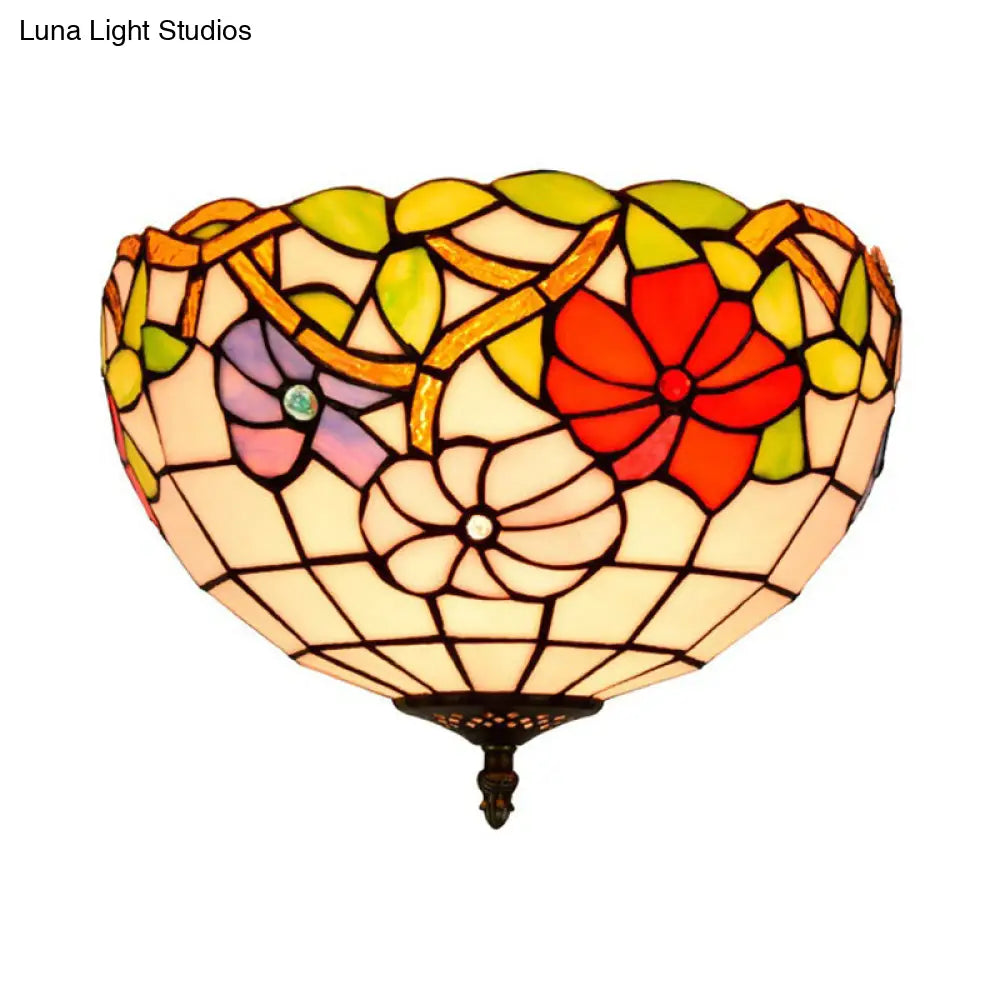 DecorBites™ DecorBites™ Peony Ceiling Light - Tiffany Bronze Stained Glass Flush Mount Fixture for Bedroom