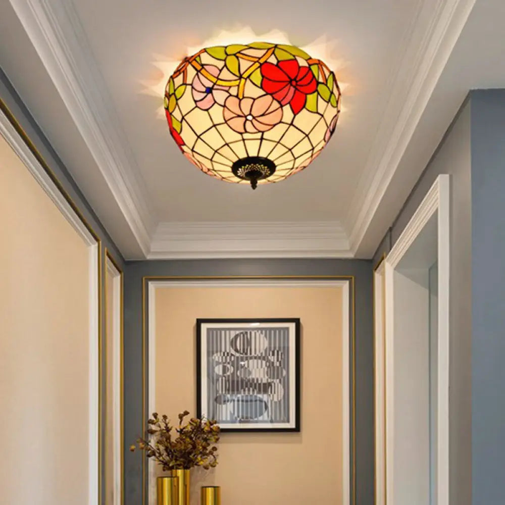 DecorBites™ DecorBites™ Peony Ceiling Light - Tiffany Bronze Stained Glass Flush Mount Fixture for Bedroom