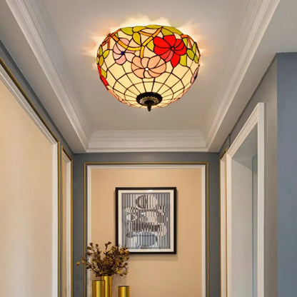 DecorBites™ DecorBites™ Peony Ceiling Light - Tiffany Bronze Stained Glass Flush Mount Fixture for Bedroom