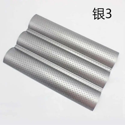 Silver-colored three-pan perforated wave bread pan with metallic finish for non-stick baking use