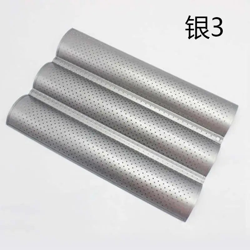 Silver-colored three-pan perforated wave bread pan with metallic finish for non-stick baking use