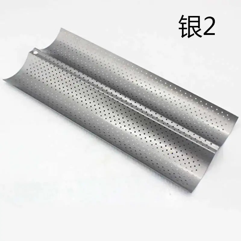 Silver-colored perforated metal wave bread pan with sleek curved design for non-stick baking use