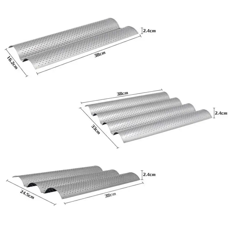 Perforated silver and black wave bread pan with wavy design made of metal for non-stick baking use