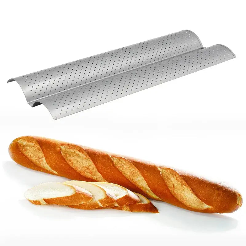 Silver perforated metal wave bread pan with non-stick black coating for even baking of bread and rolls