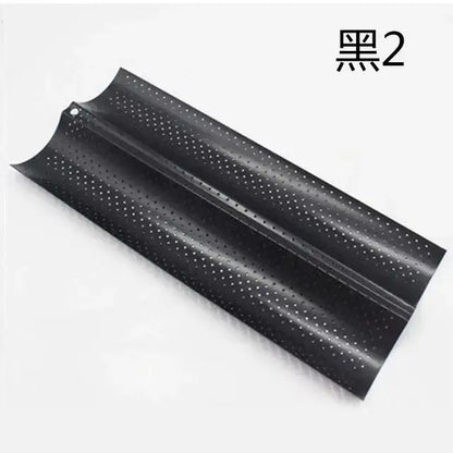 Black perforated metal wave bread pan with curved elongated design non-stick kitchen tray for baking bread