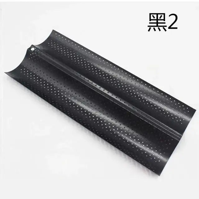 Black perforated metal wave bread pan with curved elongated design non-stick kitchen tray for baking bread