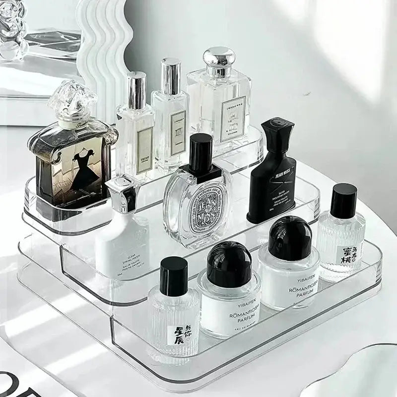 Clear acrylic DecorBites 3 tier perfume and cosmetic organizer stand with compact size storage rack design