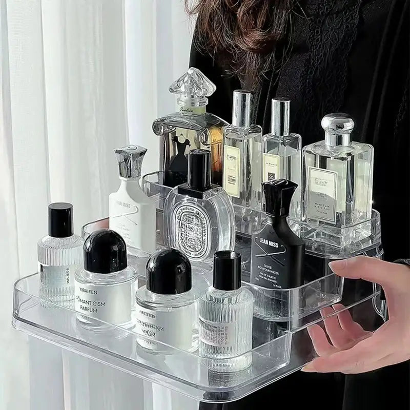Decorbites™ clear acrylic 3 tier perfume and cosmetic organizer stand storage rack with multiple compartments compact size