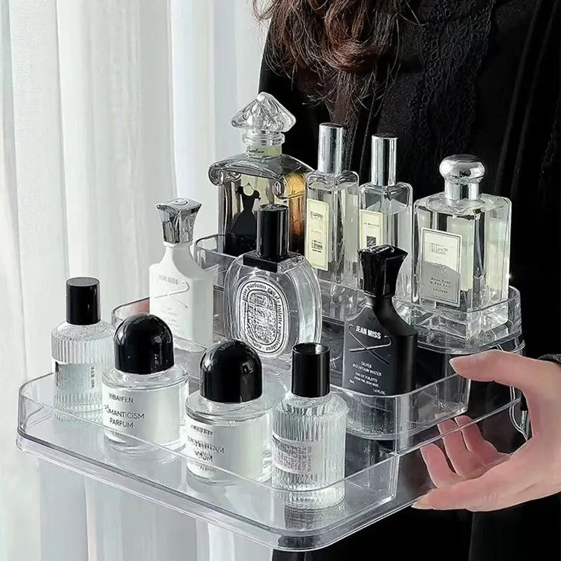 DecorBites™ clear acrylic 3 tier perfume and cosmetic organizer stand with multiple compartments for compact storage rack use