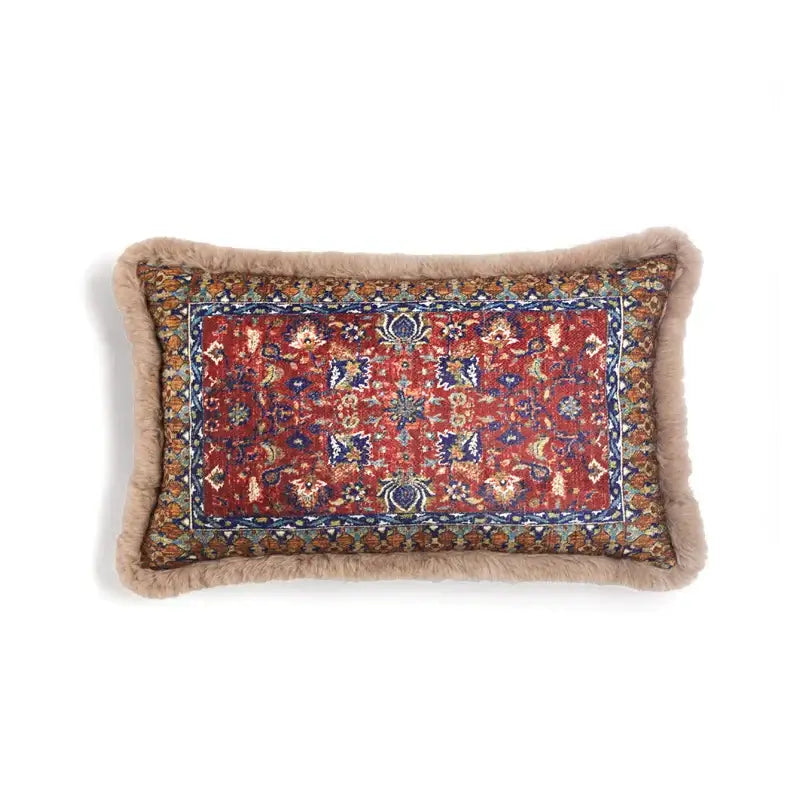 Rectangular pillow cover with red and blue traditional rug pattern and beige faux fur border decorbites bohemian chenille lumbar