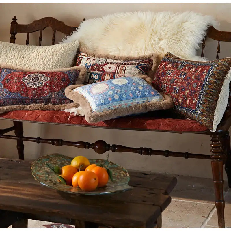 A collection of red and blue bohemian chenille lumbar pillow covers with fringed edges and plush textures for living room decorbites pillow cover