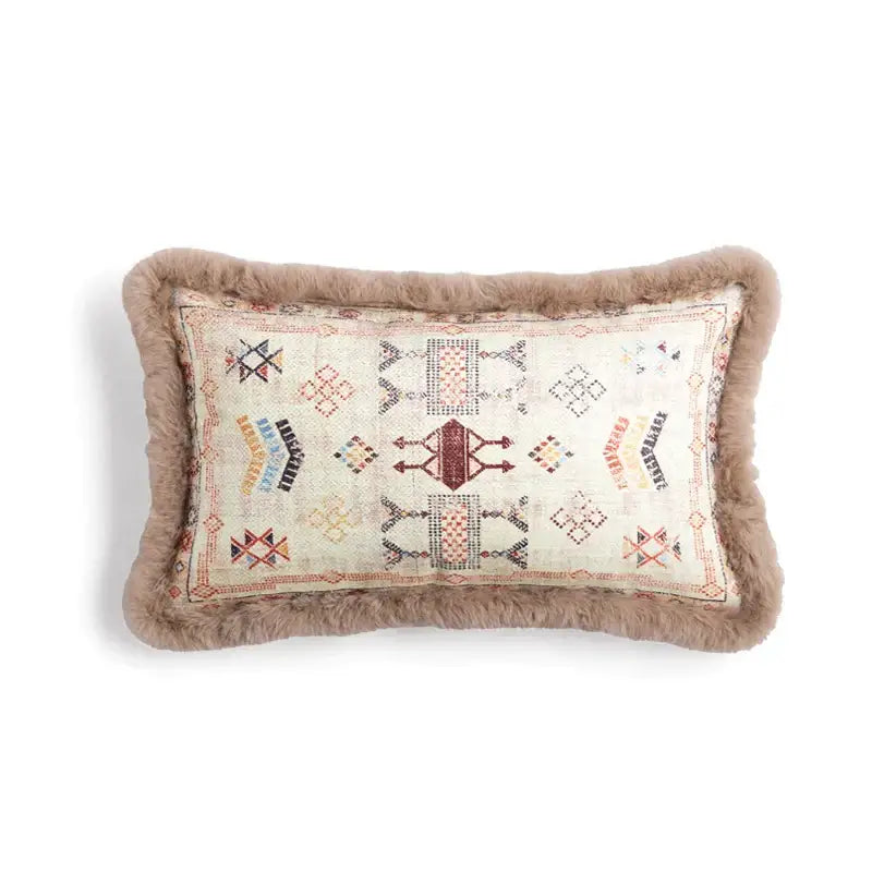 Rectangular cream embroidered pillow cover with geometric tribal motifs and beige faux fur border decorbites bohemian chenille lumbar