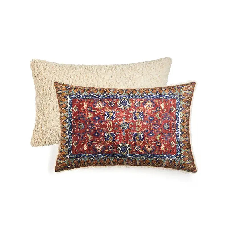Rectangular bohemian chenille lumbar pillow cover with rich red and blue ornate rug pattern for living room decorbites decor