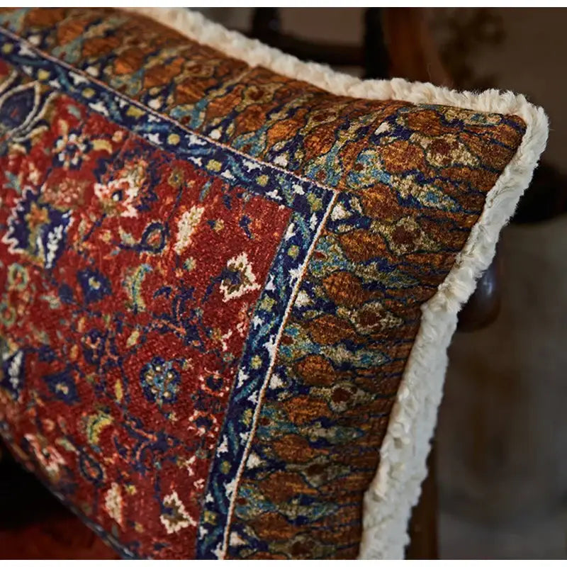 Rectangular bohemian chenille lumbar pillow cover with vintage red blue pattern and plush white fringe decorbites bohemian chenille