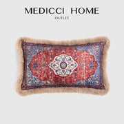 Rectangular pillow cover with rich red and blue Persian pattern and beige faux fur trim by decorbites bohemian chenille lumbar