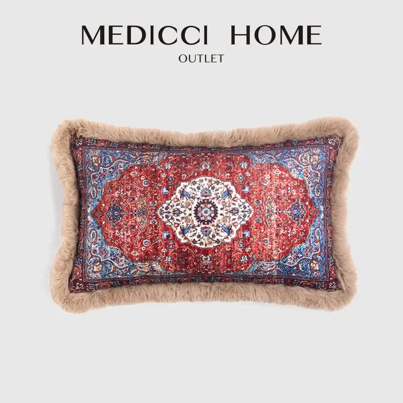 Rectangular pillow cover with rich red and blue Persian pattern and beige faux fur trim by decorbites bohemian chenille lumbar