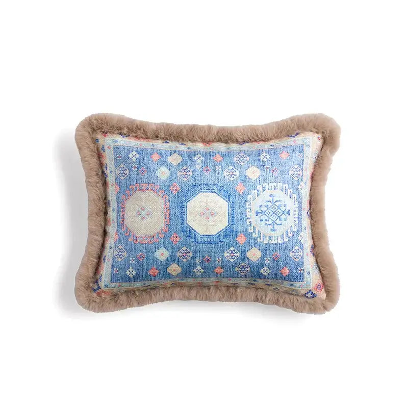 Blue patterned bohemian chenille lumbar pillow cover with beige faux fur trim for living room decorbites pillow cover
