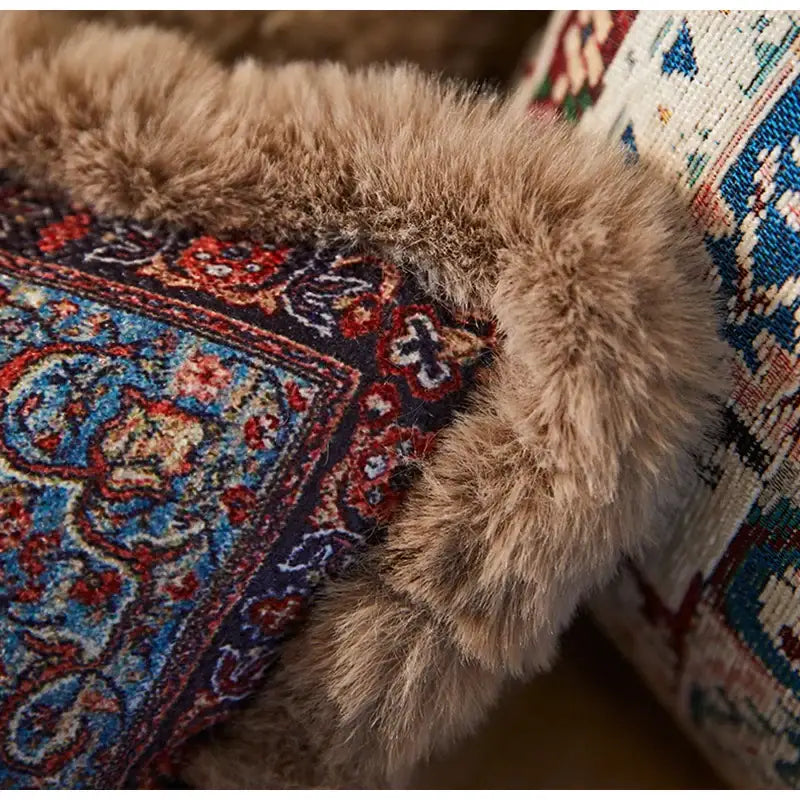 A persian style red and blue bohemian chenille lumbar pillow cover with plush tan faux fur trim decorbites bohemian chenille