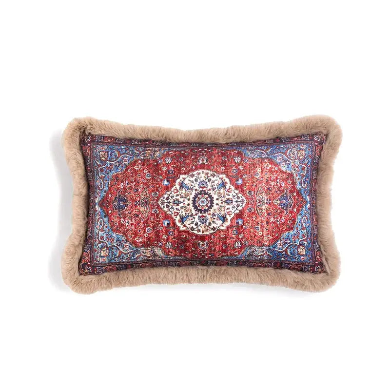 Rectangular pillow cover with red and blue persian style rug pattern framed by beige faux fur trim decorbites bohemian chenille lumbar