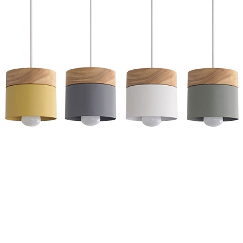 Modern wooden pendant light with cylindrical shade in yellow gray white and black for personality restaurant bar chandelier
