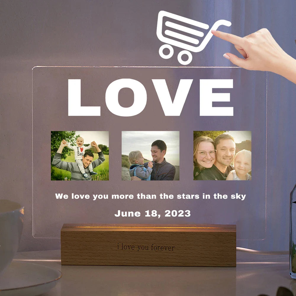 Personalized Custom Photo Text 3D Acrylic Lamp Customized Bedroom NightLight for MOM DAD LOVE Family Birthday Christmas