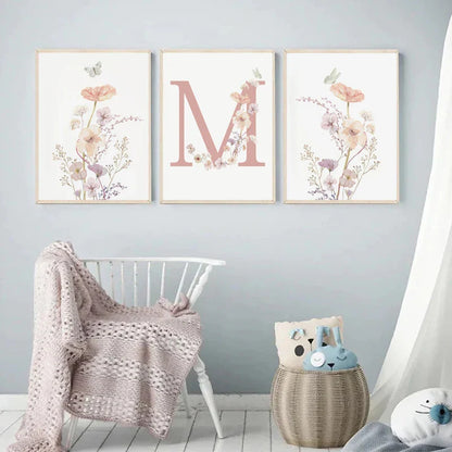 Personalized Pink Floral Nursery Wall Art - Posters