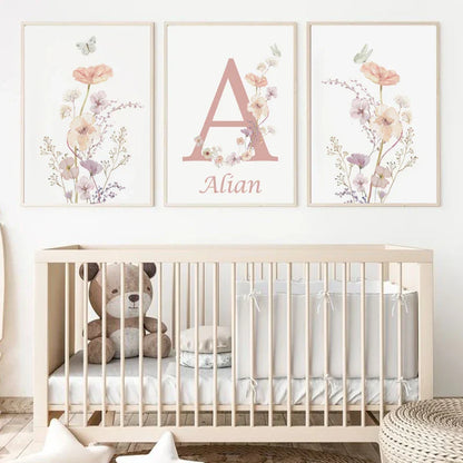 Personalized Pink Floral Nursery Wall Art - Posters