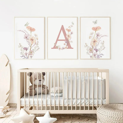 Personalized Pink Floral Nursery Wall Art - Posters