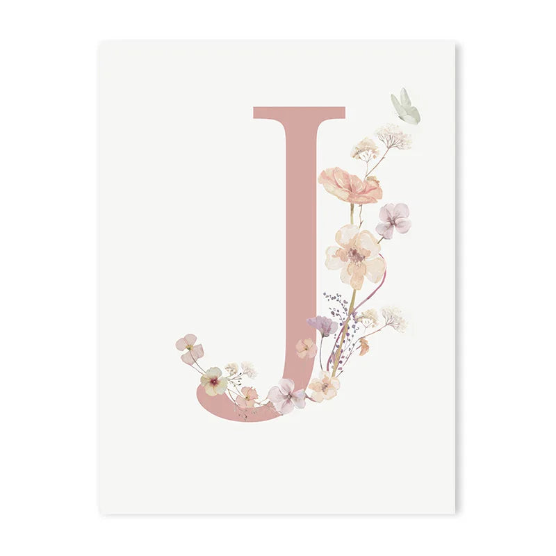 Personalized Pink Floral Nursery Wall Art - J / 50x70cm No Frame - Posters