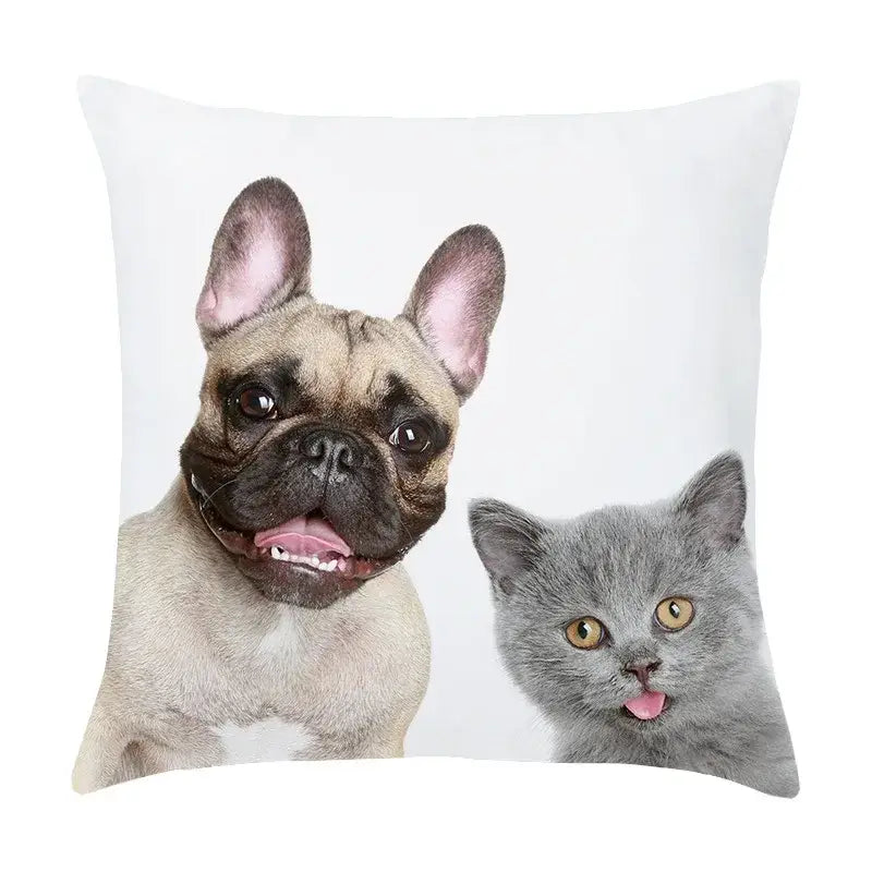 White throw pillow with a peach skin pillowcase featuring a fawn french bulldog and gray british shorthair kitten print