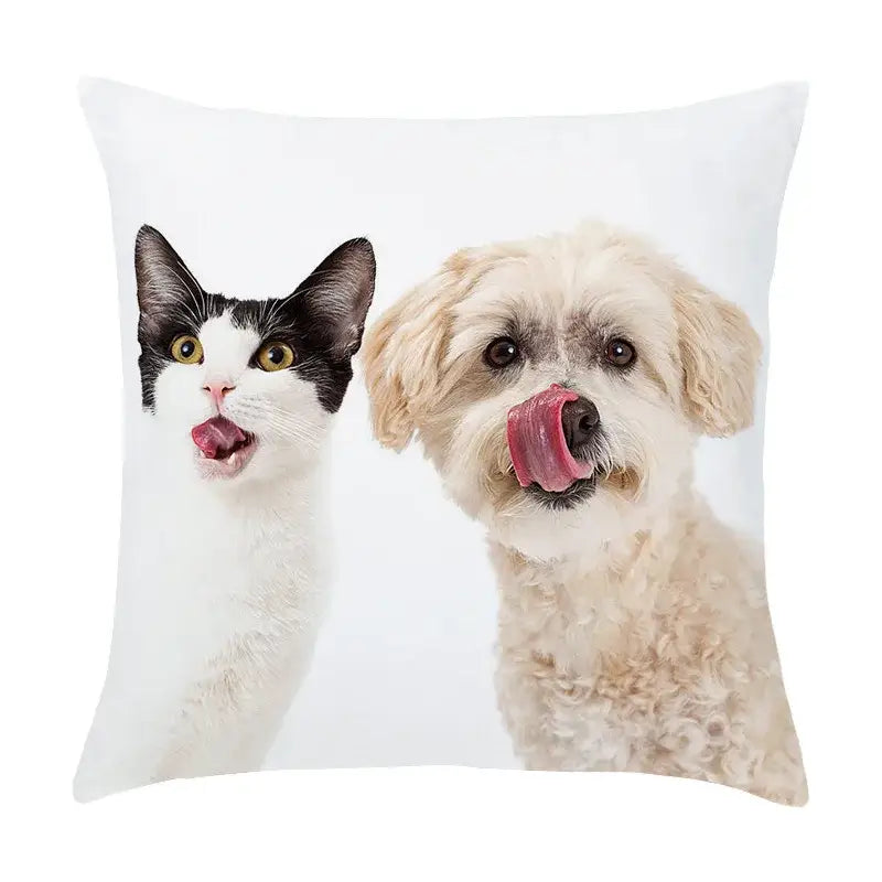 White peach skin pillowcase with black and white cat and cream dog licking noses for living room decor