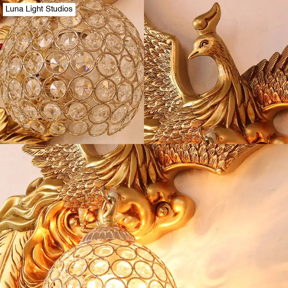 Golden peacock-themed wall lamp with intricate feather details and honeycomb crystal dome e26 e27 110v-120v for living room