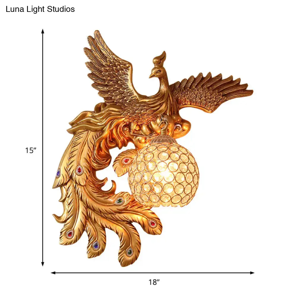 Golden peacock-themed phoenix gold wall lamp with honeycomb crystal dome and gemstones e26 e27 110v-120v for living room