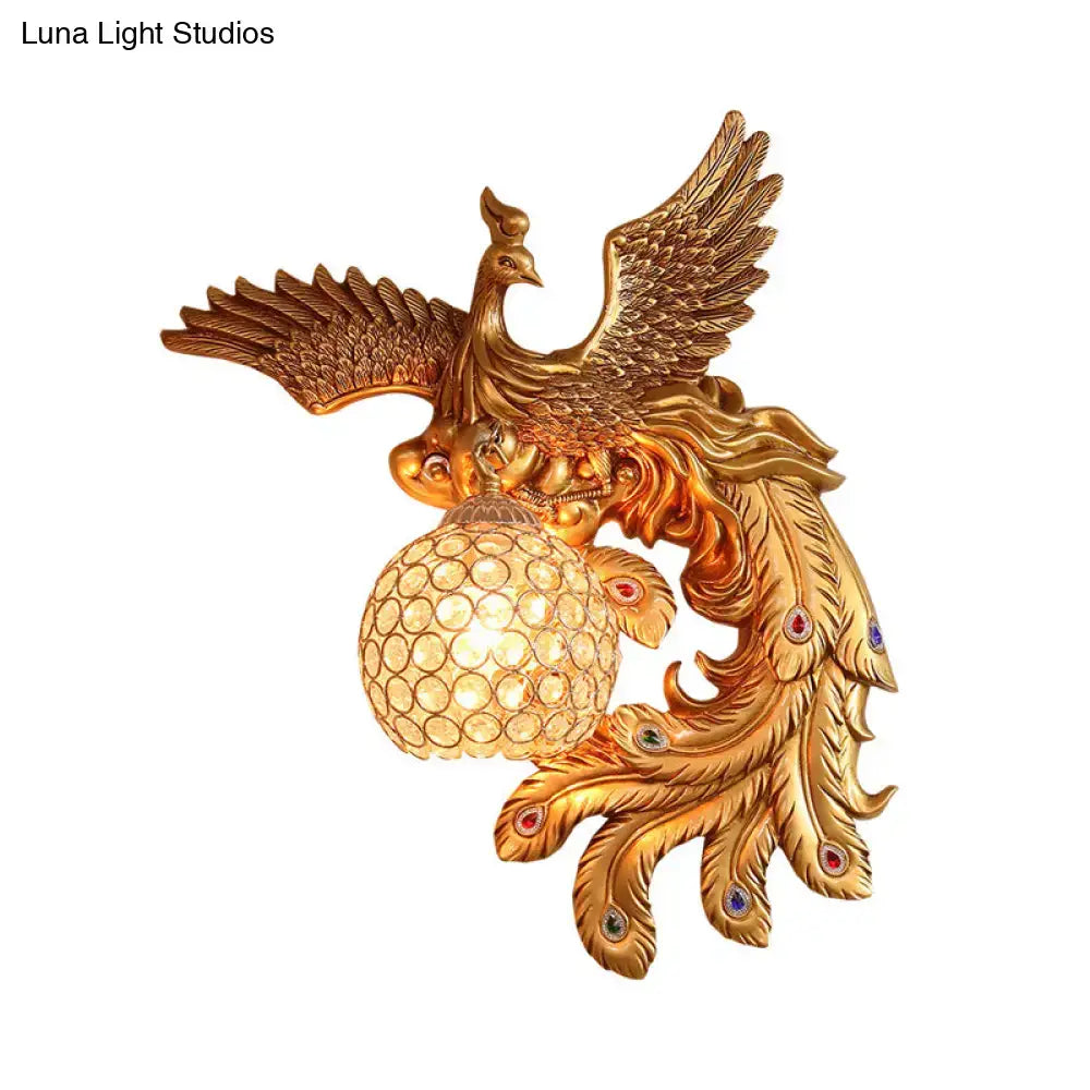 Phoenix gold wall lamp with golden peacock feather details and crystal honeycomb dome light fixture e26 e27 220v-240v