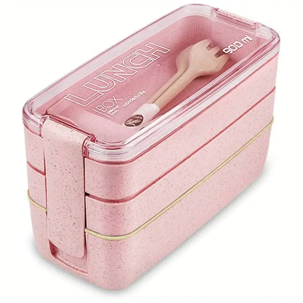 Pink speckled three-tiered kids bento box lunchbox with transparent lid and gold trim kitchen food container
