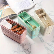 Pink 3-layer kids bento box lunchbox with transparent lid and lunch printed on the side kitchen food container