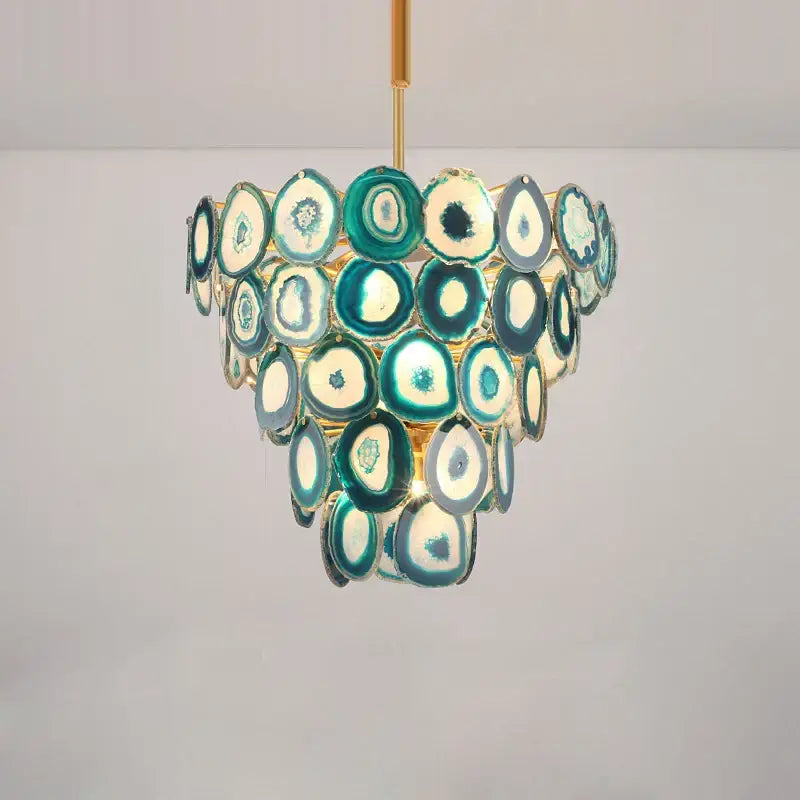 Pink agate decorbites agate designer led chandelier with teal and white translucent slices in gold frame for dining room decor