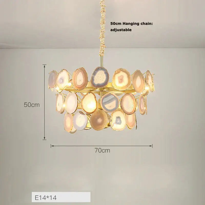Pink agate designer led chandelier with amber and lavender agate slices in a gold frame for dining room decorbites agate designer
