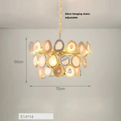 Pink agate designer led chandelier with amber and lavender agate slices in a gold frame for dining room decorbites agate designer