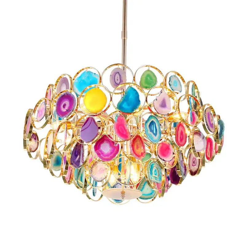 Pink agate designer led chandelier featuring colorful agate slices in gold-toned frames for dining room decorbites agate designer