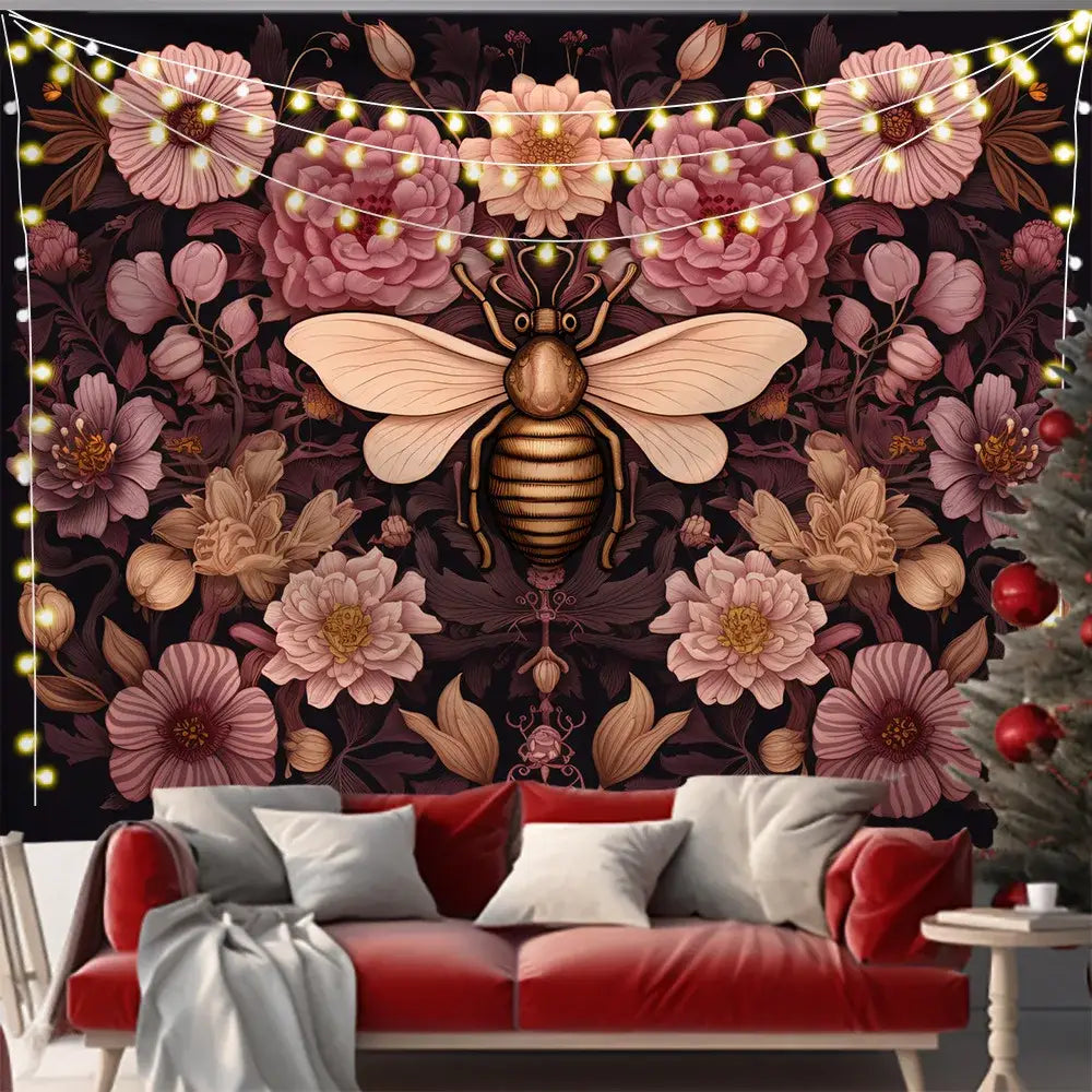 A pink and black butterfly series background cloth with a golden bee and pink mauve floral patterns for living room