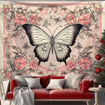 Pink and black butterfly series background cloth featuring a central black and white butterfly with pink and gray floral patterns