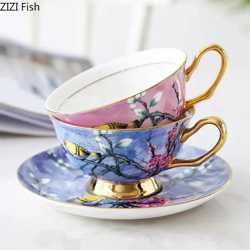 Delicate porcelain teacup and saucer set with hand-painted yellow cartoon bird pattern on pink and blue ceramic