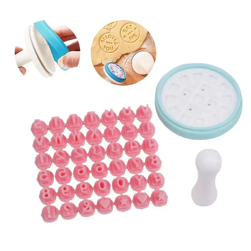 Pink and blue decorbites cookie stamps set with pink plastic alphabet and symbol cutters and a light blue base